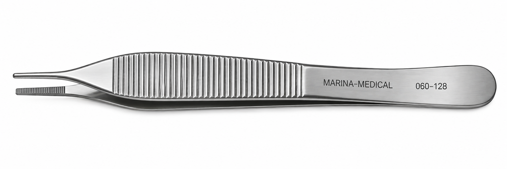 Pinza Adson c/plataforma serrada, punta delicada 1,5mm, largo 12cm.