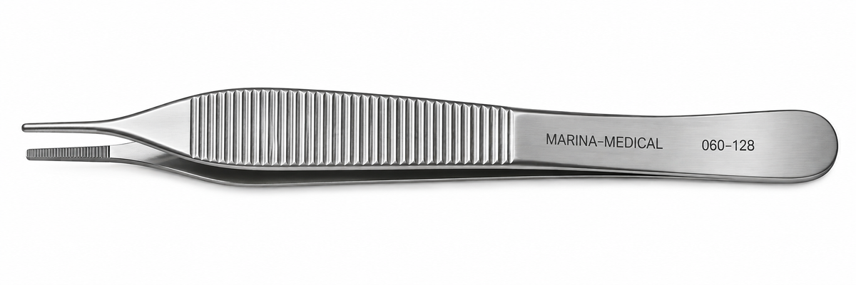 Pinza Adson c/plataforma serrada, punta delicada 1,5mm, largo 12cm.