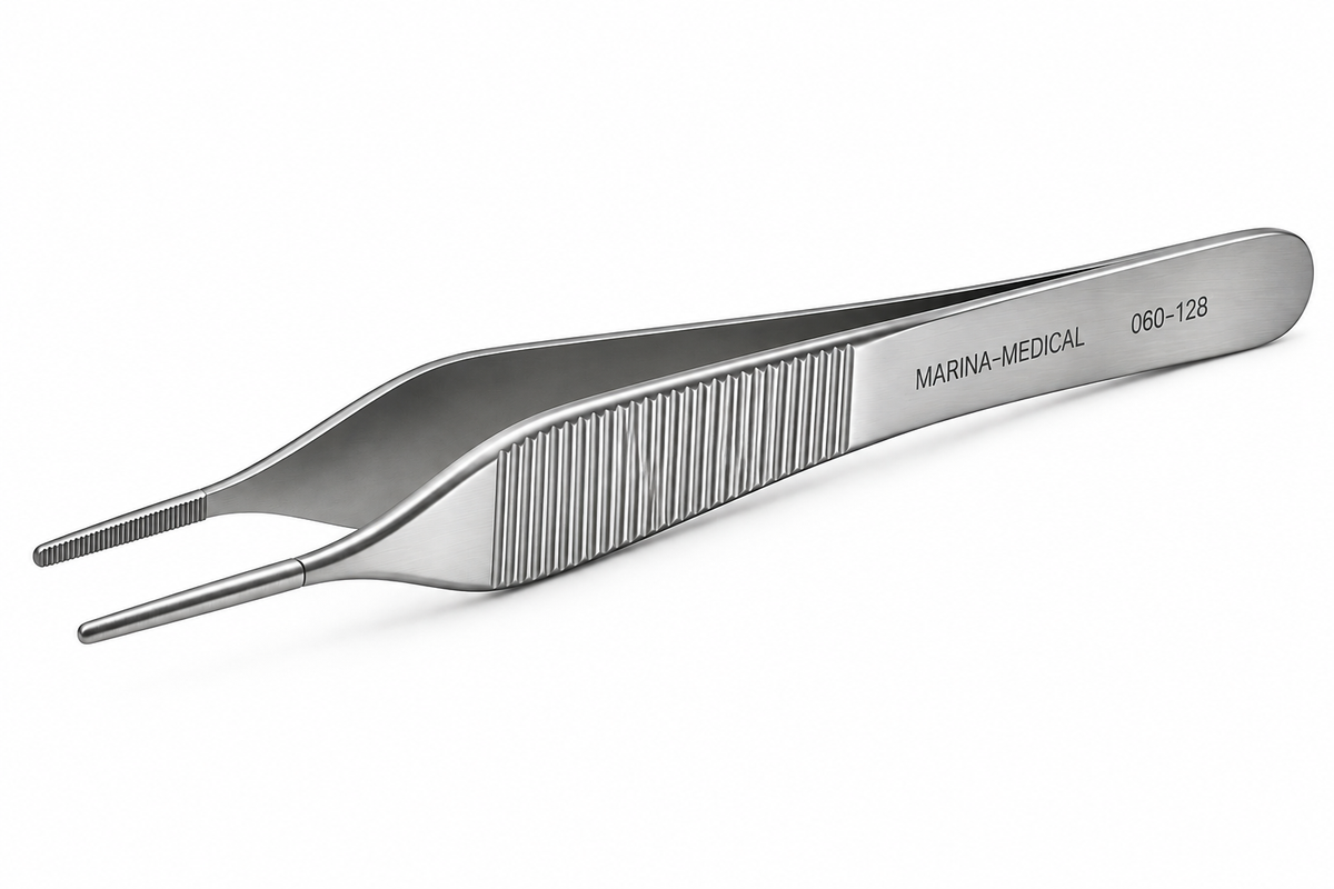 Pinza Adson c/plataforma serrada, punta delicada 1,5mm, largo 12cm.
